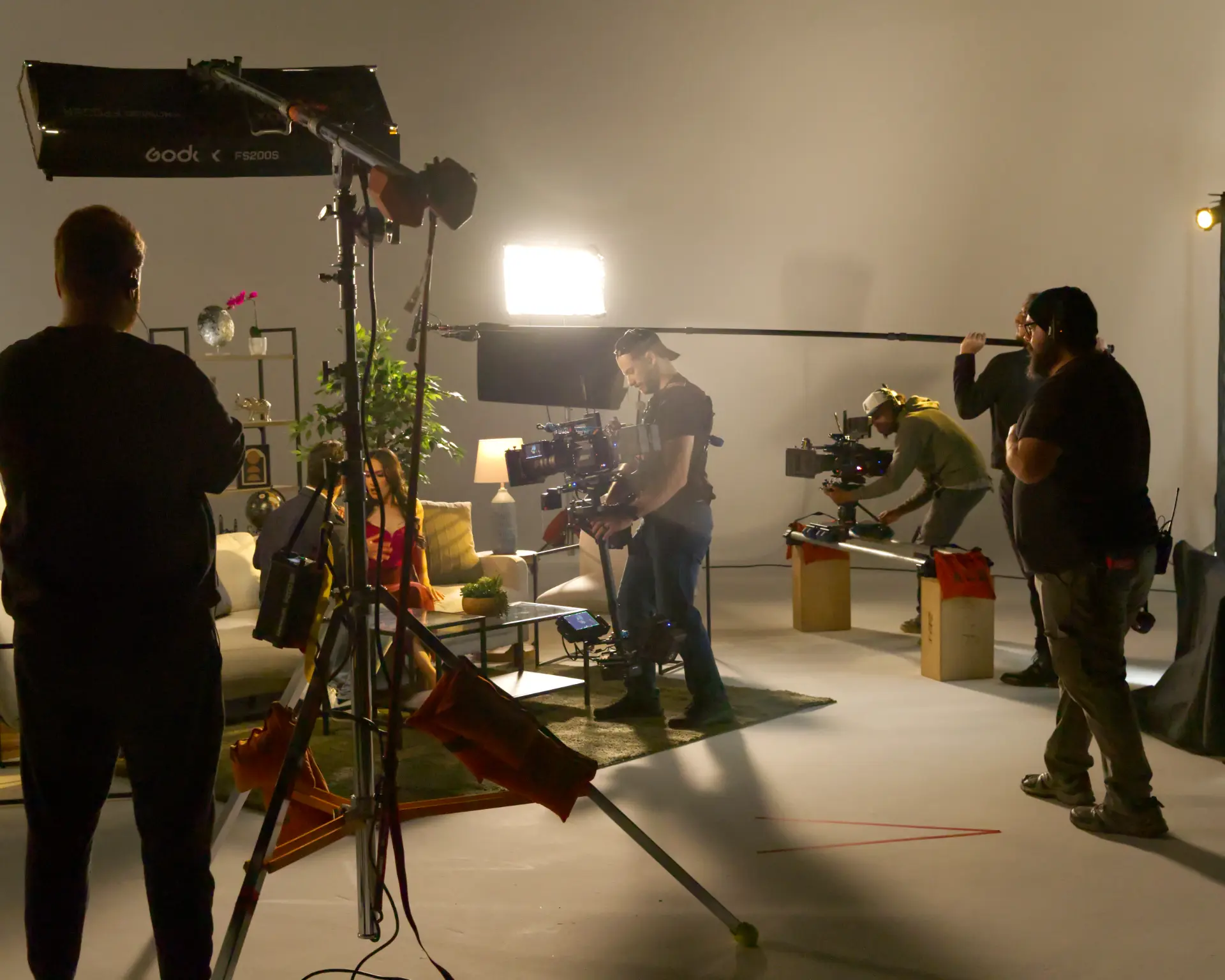 Wide view of the studio floor mid-take