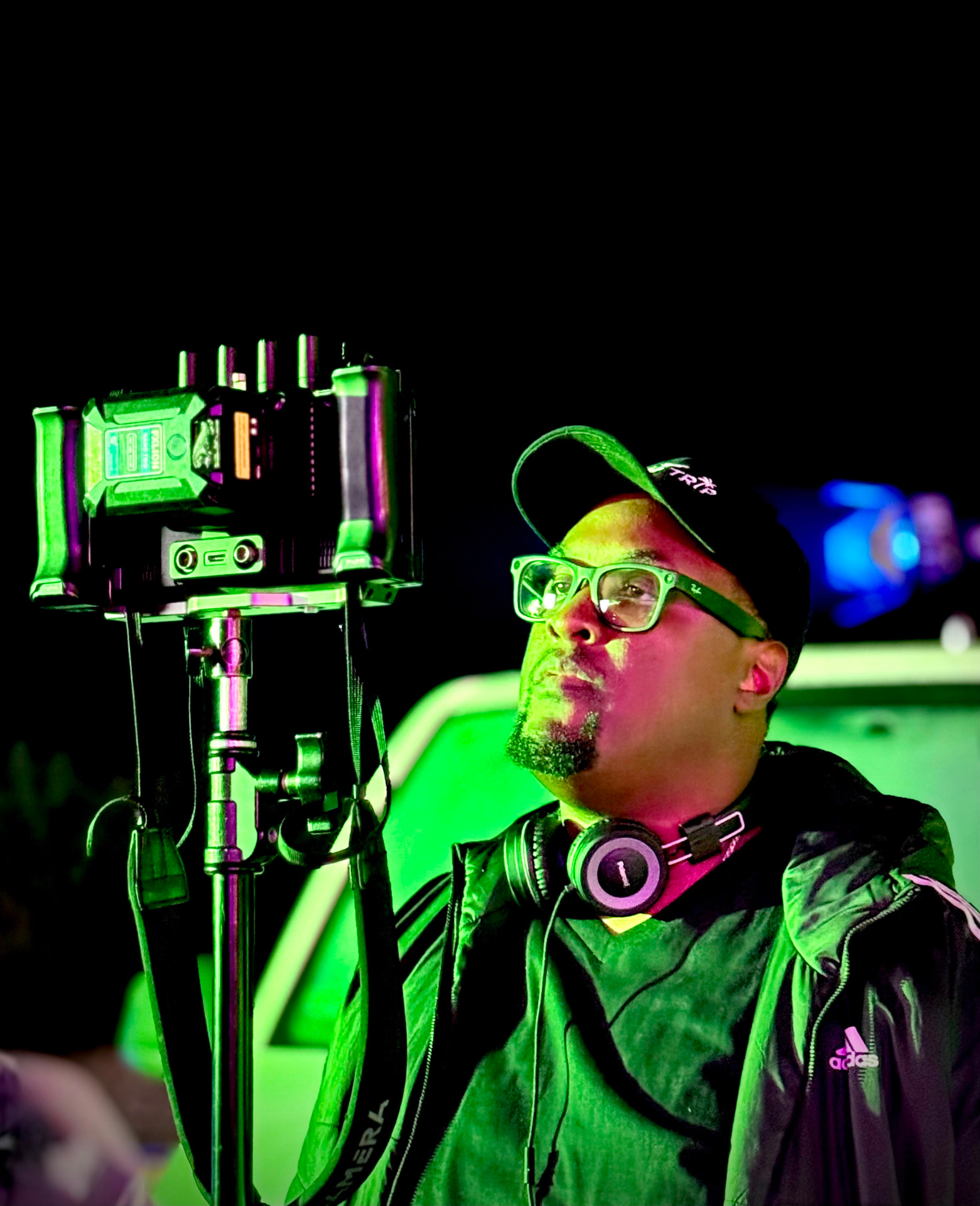 Camera rig framing a night shot
