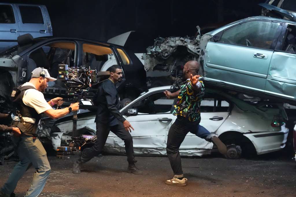 Stunt sequence filmed in a scrapyard